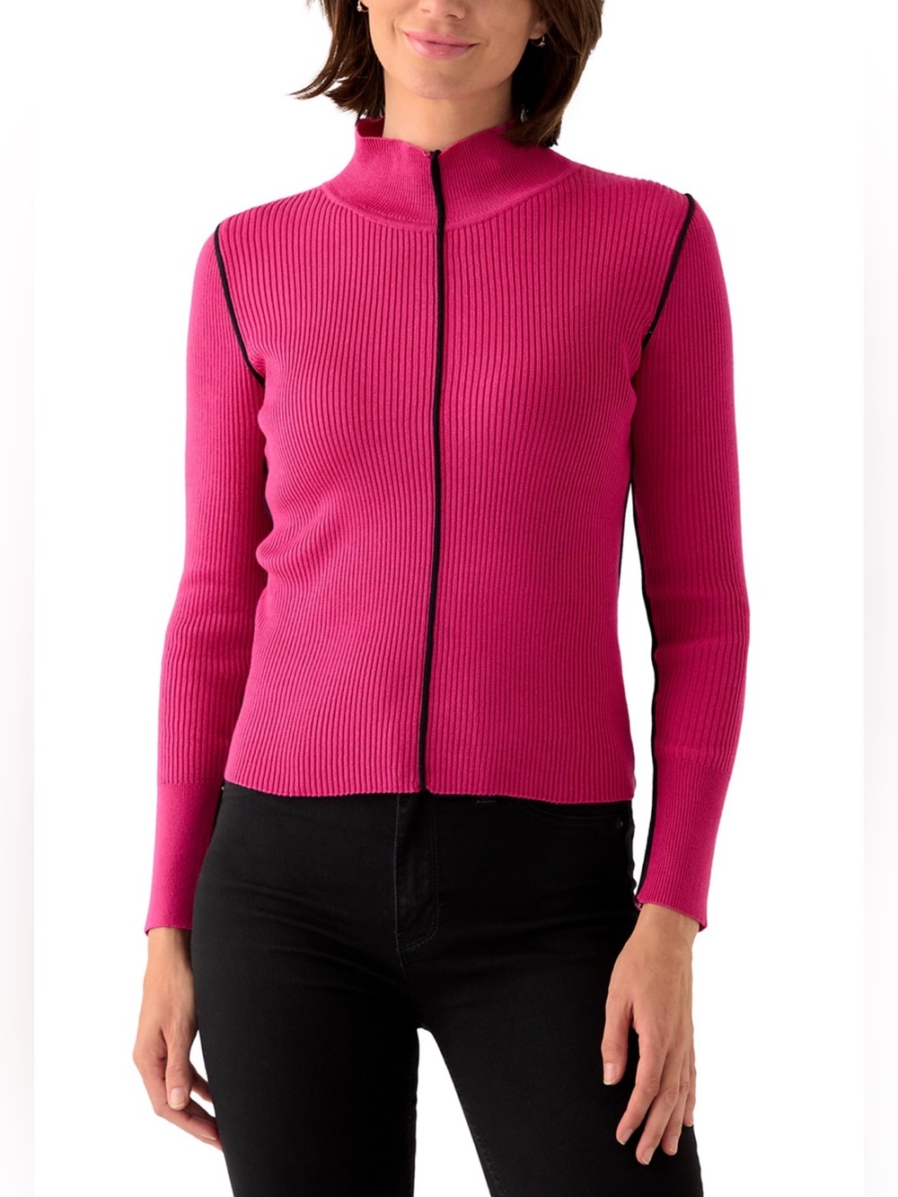 PHILOSOPHY BY REPUBLIC Women's Fitted Pink Zip-Front Ribbed Sweater.